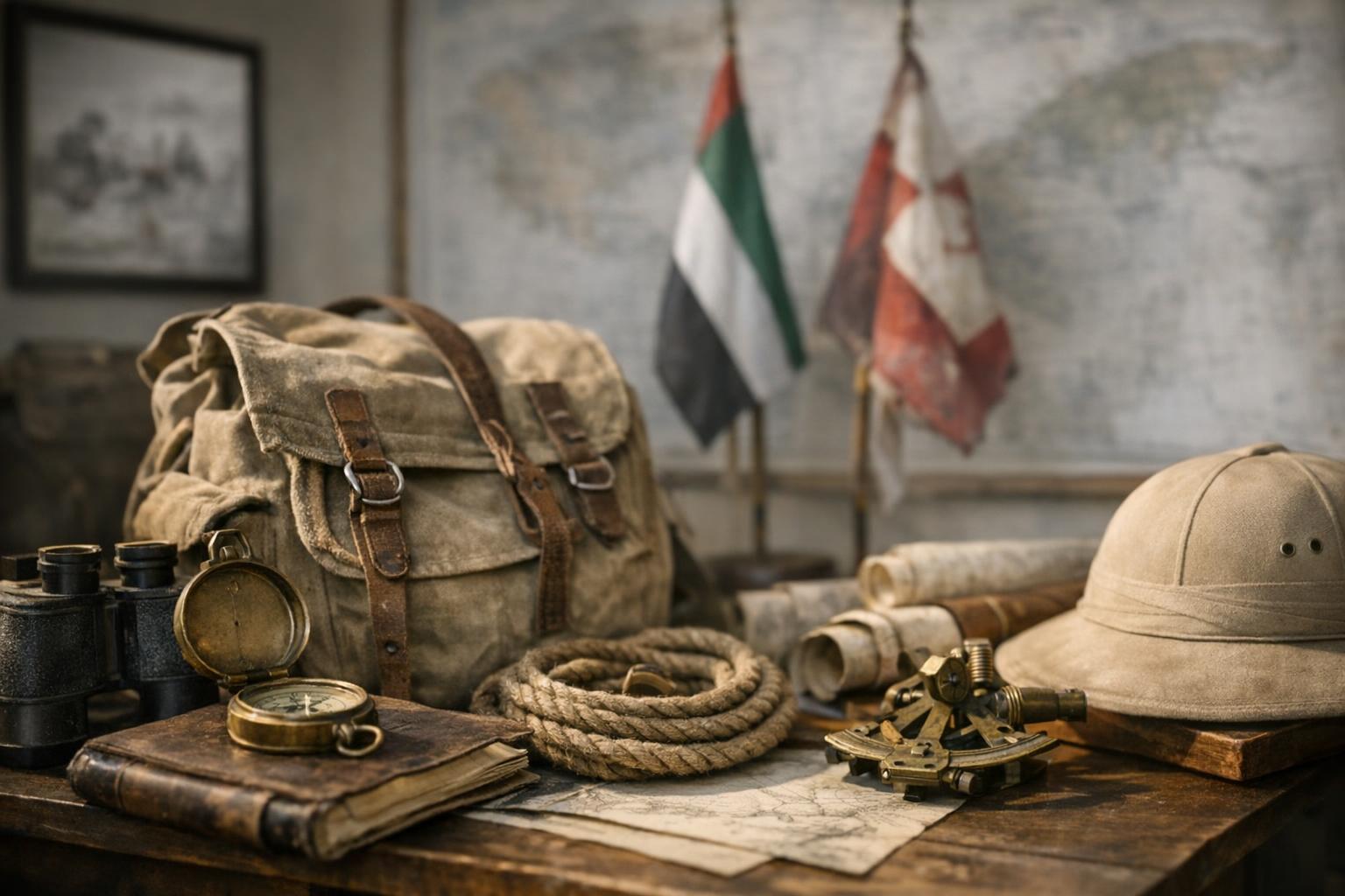 Explorers Club Dubai team members conducting research in a desert landscape, proudly displaying the club flag