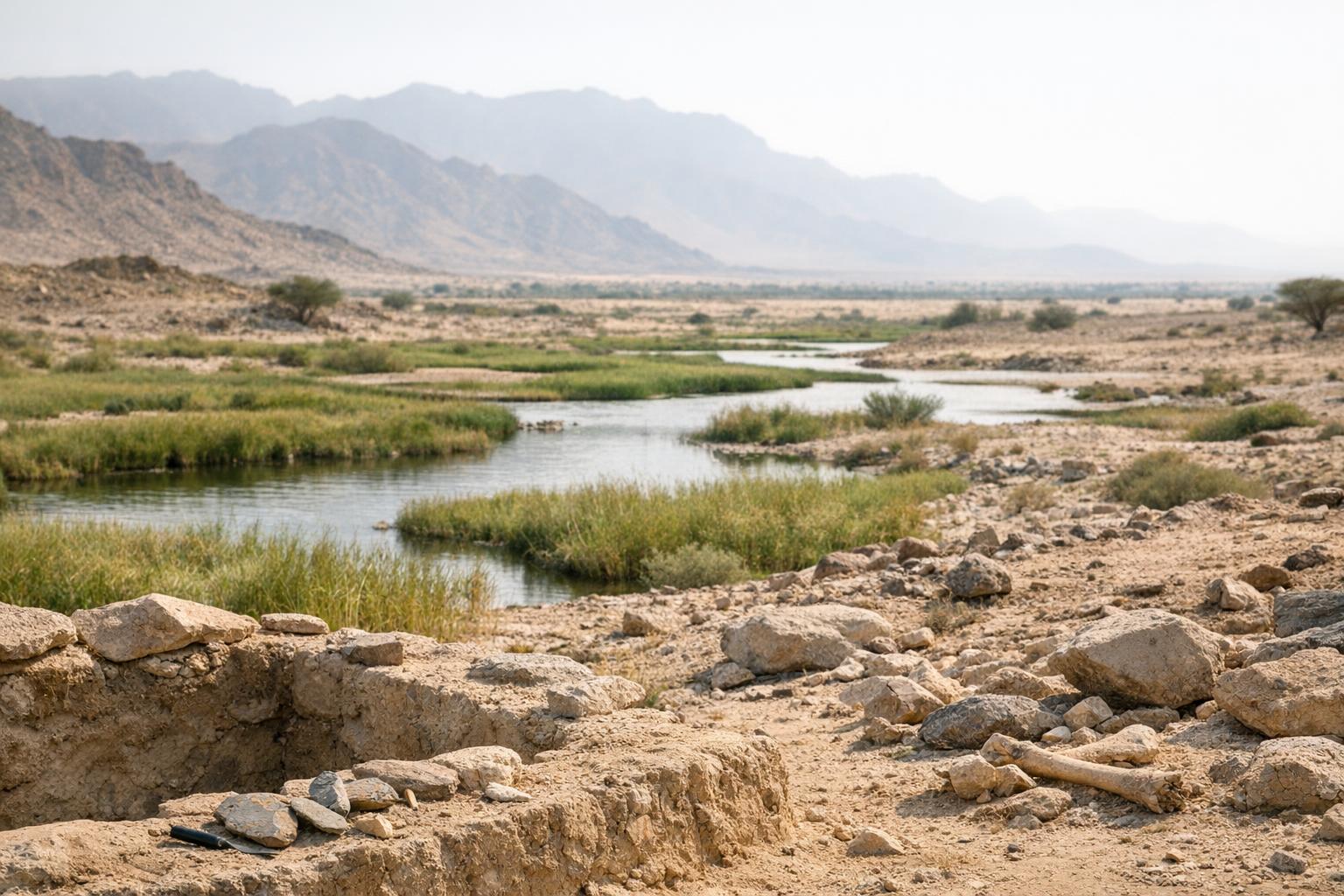 Archaeologists conducting middle east exploration in the Arabian Peninsula, uncovering ancient artifacts.