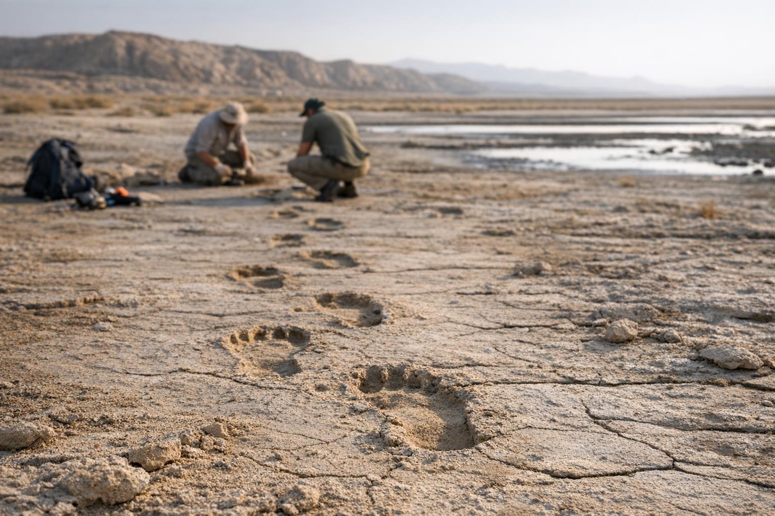 Archaeologists examining a 120,000-year-old footprint trail in Saudi Arabia