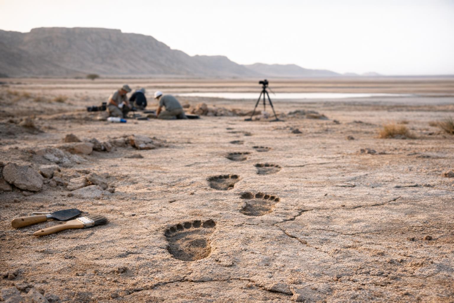 Researchers analyzing ancient human footprints in the Nefud Desert