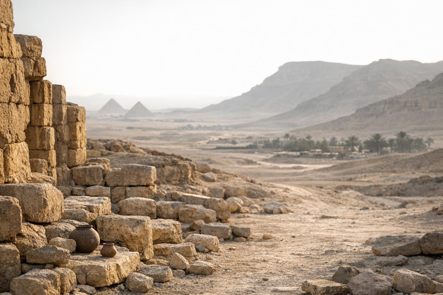 Middle east explorer community members analyzing historical artifacts in a desert excavation