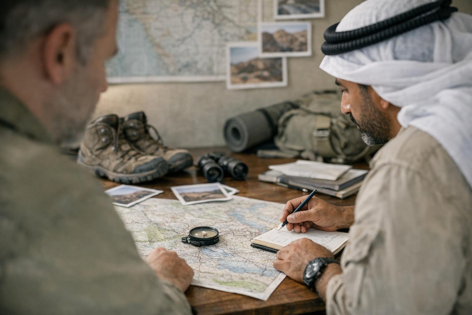Members of the Explorers Club Middle East planning a field expedition in the desert